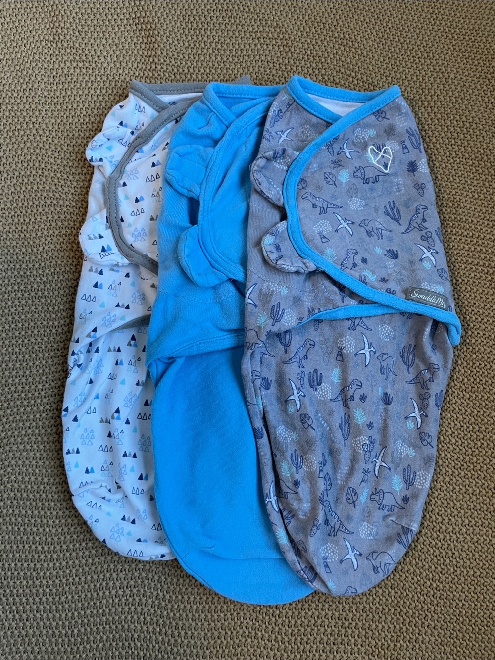 3 SwaddleMe Baby Sleep Sacks in Blue, Grey with Dinos, white